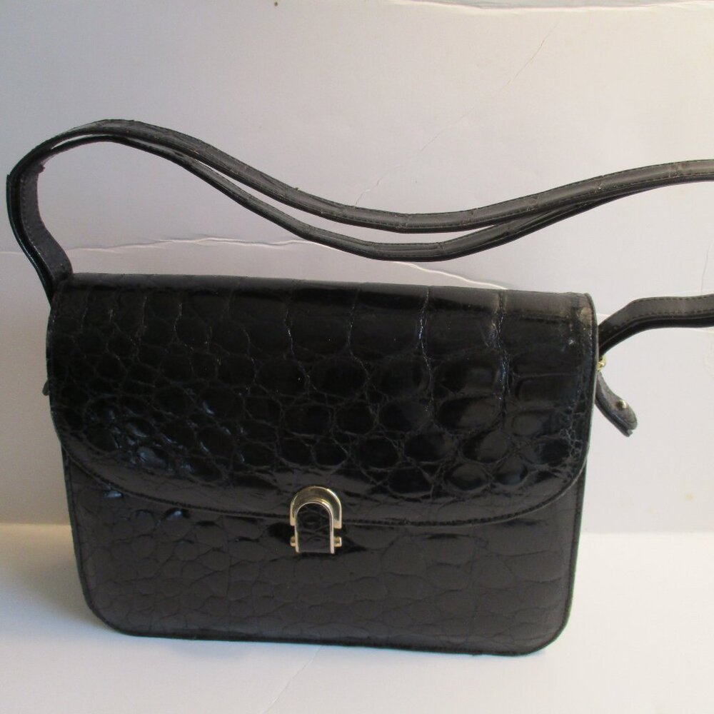 *Vintage Black Patent Croc Satchel Box Bottom Double Adjustable Straps
